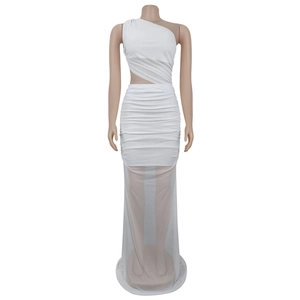 Detail of white one-shoulder evening dress with ruching and side cutout mesh