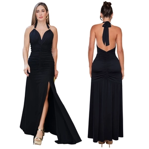 Front and back view of a slim fit black evening dress with V-neck and high leg slit detail