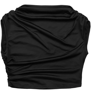 Detail of black sleeveless crop top with turtleneck design and pleated fabric texture