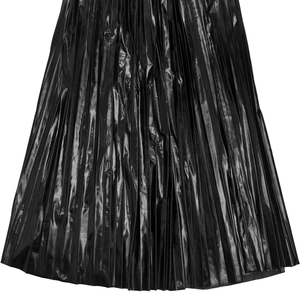 Close-up detail of glossy black pleated fabric with high-shine finish and sharp texture