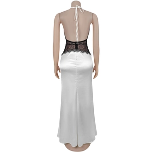Detail of back view showing black lace hollow design and white satin skirt contrast