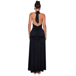 Detail of the backless halter neckline with elegant tie-knot and ruched fabric design