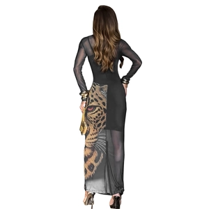 Detail of sheer black mesh dress featuring a vibrant leopard head print on the back