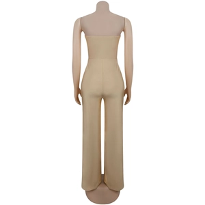 Back view of a champagne satin strapless jumpsuit with slim fit and wide leg trousers