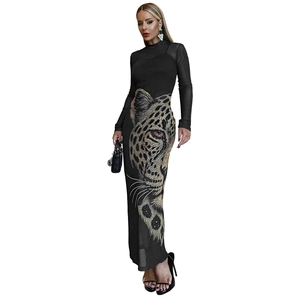 Detail of sheer mesh dress with leopard print and sparkling rhinestones for women