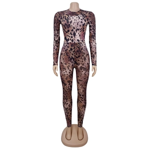 Detail view of leopard print bodysuit featuring a round neck and long sleeves on a mannequin