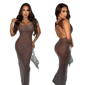 Front and back detail of brown mesh bodycon dress with sparkling rhinestones