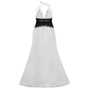 Detailed shot of white satin maxi dress with black lace waist and deep V-neckline