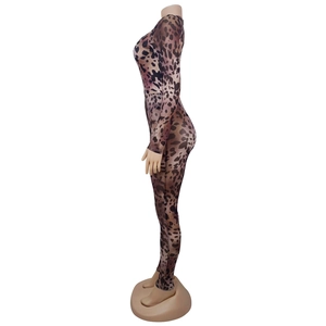 Detailed side view of leopard print long sleeve bodysuit with sheer mesh fabric