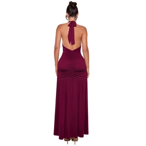 Elegant burgundy backless dress detail with halter neck bow tie and ruched texture