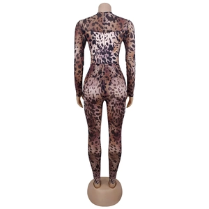 Detailed back view of a slim-fit leopard print mesh bodysuit with hidden zipper closure