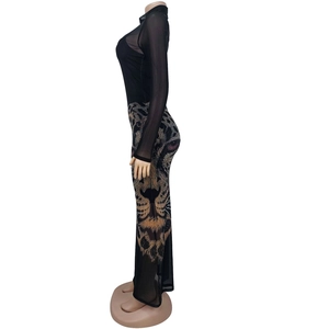 Detail of sheer mesh dress set featuring a high-definition lion head digital print