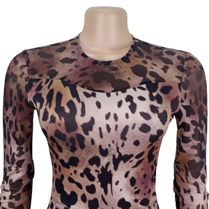 Detailed view of long sleeve leopard print mesh bodysuit with crew neck and slim fit
