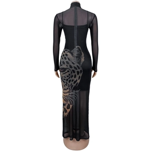 Detail of leopard print on back of sheer mesh long sleeve bodycon dress