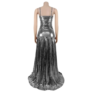 Back view of silver metallic pleated maxi dress showing fine褶皱 texture and sheen