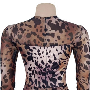 Close-up of leopard print sheer mesh bodysuit featuring a hidden back zipper closure