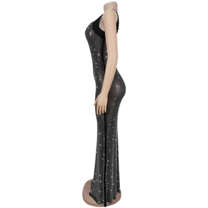 Detail of black bodycon mesh dress featuring all-over silver rhinestone embellishments