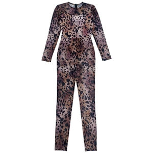 Detailed flat lay of long sleeve leopard print jumpsuit with back zipper and slim fit