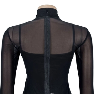 Detail of black mesh top showing high collar and invisible back zipper on mannequin