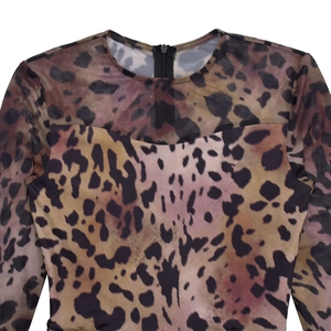 Detail shot of sheer mesh fabric with leopard print and black zipper on back collar