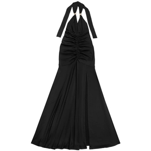 Detailed view of black halter dress featuring metallic ring neck and elegant side slit