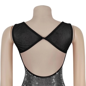 Close-up of mesh splicing and high-density silver rhinestones on backless dress