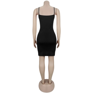Back view of a sleek black bodycon mini dress with thin straps and a slim fit design