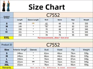 Size chart for elegant bodycon fishtail dress including bust and waist measurements