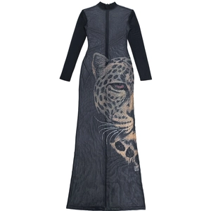 Detail of sheer mesh dress with leopard print pattern and rhinestone accents