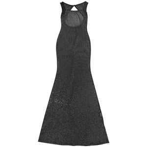 Detail of black mesh backless dress with silver rhinestone embellishments and mermaid hem
