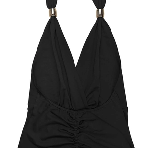 Detail of elegant black V-neck dress featuring golden rings and ruched waist texture