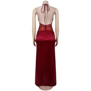Detail showing back of burgundy satin dress with lace patchwork and backless design