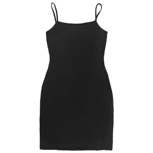 Front view of black spaghetti strap mini dress with slim fit and elastic knit fabric