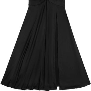 Detail view of a black elegant dress featuring a high side slit and smooth draped fabric