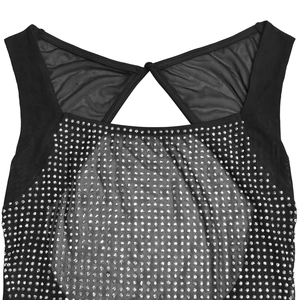 Close-up of black mesh back detail with rhinestone embellishments and button closure