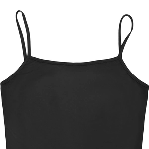 Detailed view of a black knit camisole top with thin straps and a straight neckline