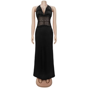 Detailed close-up of the black satin halter dress featuring elegant lace waist patchwork