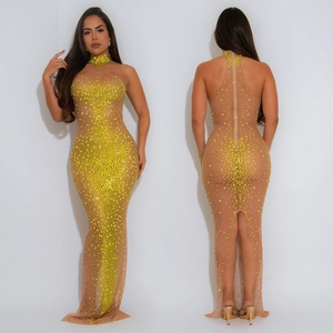 Robe Maxi Femme Sexy en Maille avec Strass Col Haut Licou Coupe Ajustée Sans Manches Transparent Moulante Fête Soirée Gala