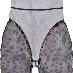 Detail of high waist leopard mesh patchwork with semi-transparent texture and flat seams