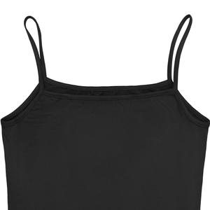 Detail of black camisole with spaghetti straps and flat neckline on white background