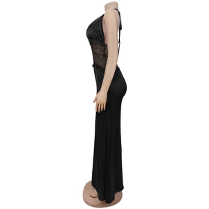 Side view of black backless satin dress with delicate lace patchwork and high-end texture