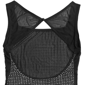 Detail of mesh back with cross cutout and silver rhinestones on black dress