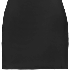 Detail view of double-stitched hem on a black bodycon skirt with elastic knit fabric