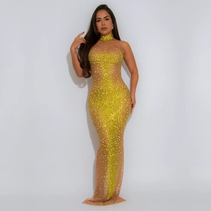 Robe de soirée moulante jaune en mesh avec strass scintillants et design dos nu