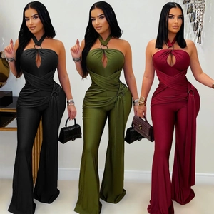 Women Elegant Halter Neck Jumpsuit Sleeveless Hollow Out Wide Leg Flared Long Pant Solid Color Sexy Party Clubwear Romper