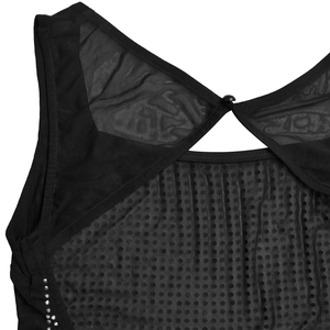 Detail of mesh back dress with cutout, button closure, and silver rhinestone accents