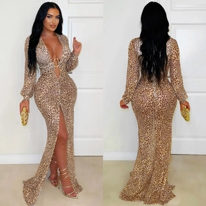 Robe Longue Sexy à Imprimé Léopard pour Femme Col en V Profond Manches Longues Fente Haute Moulante Robe de Soirée