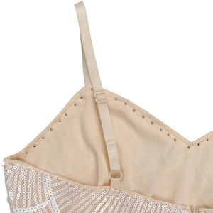 Detail of adjustable strap and silver sequins on elegant cocktail dress neckline
