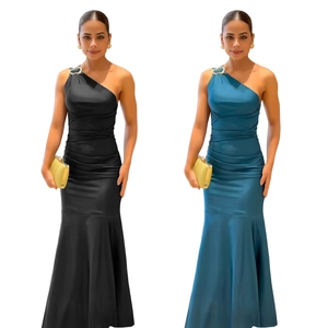 Elegant one-shoulder mermaid evening gown with ruched detail and gold ring accents
