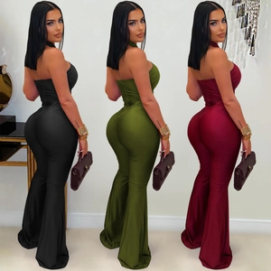 Women's solid color halter neck wide leg jumpsuit with backless high waist design